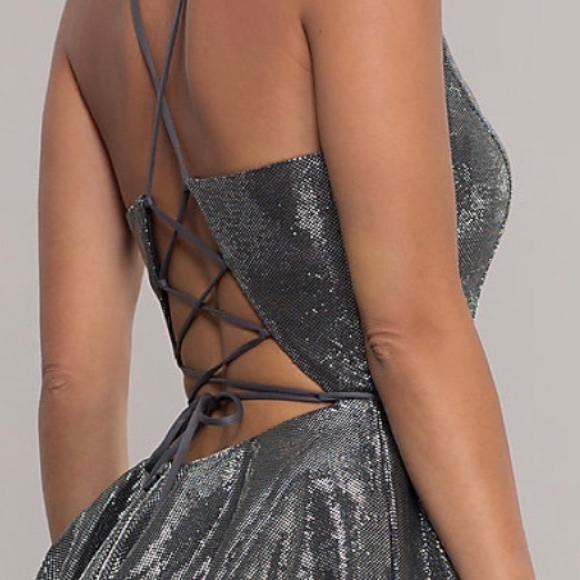 Jovani Silver Gunmetal Short Cocktail Hoco Dress Corset Tie Back Size 10 - Picture 4 of 7